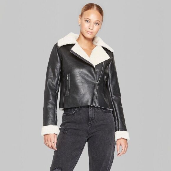 wild fable Jackets & Blazers - Wild Fable Sherpa Lined Faux Leather Zip Up Cropped Bomber Jacket